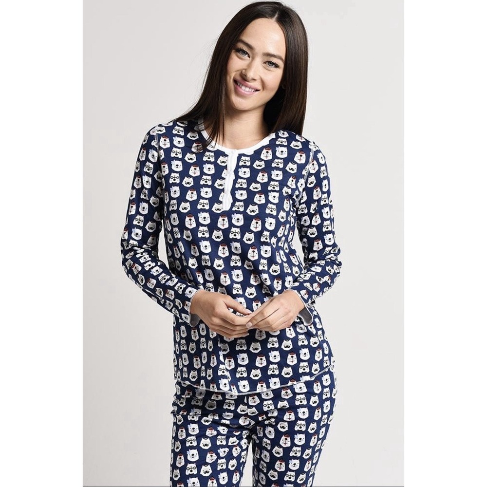 Roller Rabbit‎ Navy Bearry Holiday Pajama Set Women M Pima Cotton Cozy Luxury